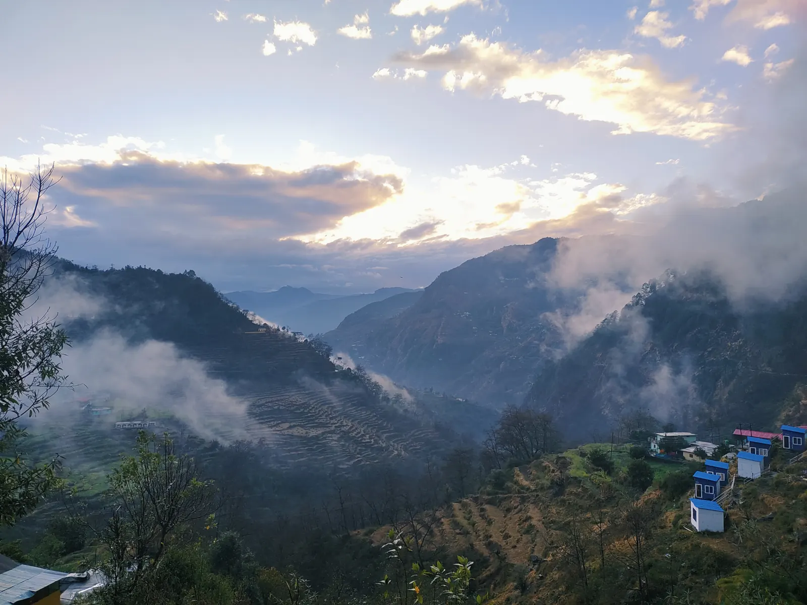 Clouds filling a Garhwal valley at dusk
